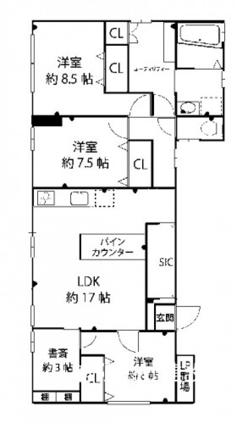 約17帖LDKに洋室3部屋＋書斎がある広々間取りです