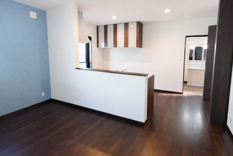 １Fにカウンターキッチンと照明付 広めのキッチン＆三口コンロ