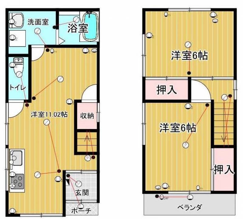 1階はLDK、2階は6帖の洋間2部屋です。