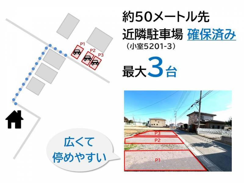 近隣駐車場確保済み。広くて停めやすく、最大3台駐車可能