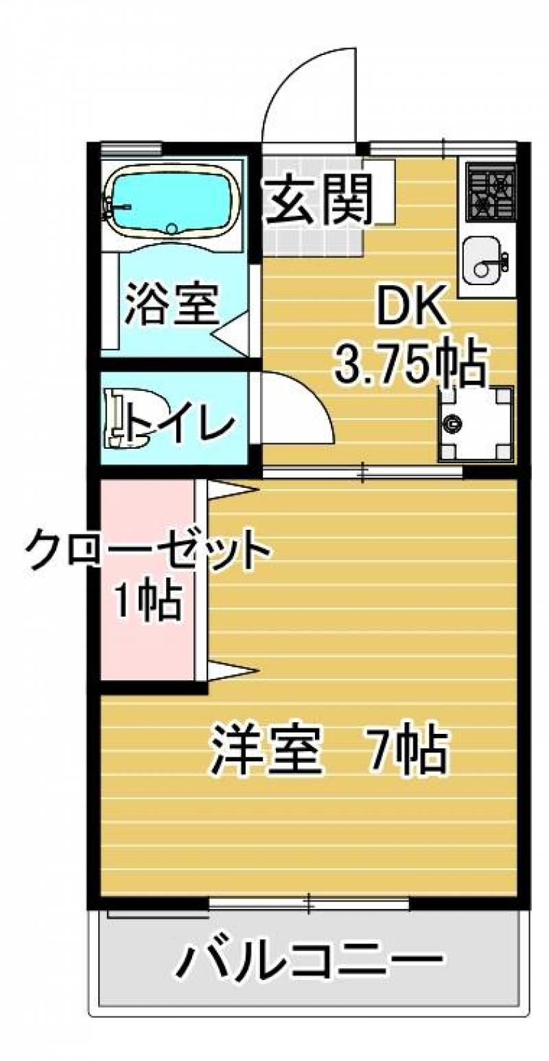 23.7㎡の１K物件　洋室7畳　バストイレ別