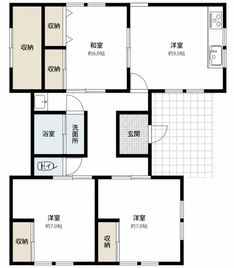 人気の平屋3DK、頑丈なコンクリート造りです