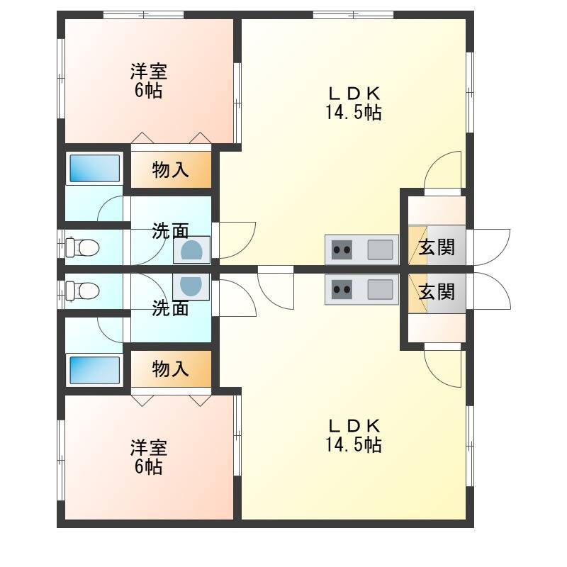 隣り合う1LDK２室を，キッチン横のドアで繋いだ部屋です。
