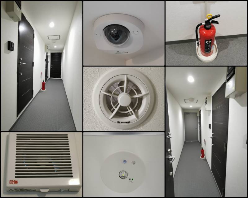 ホテルような廊下、防犯カメラ、消防器と24時間換気