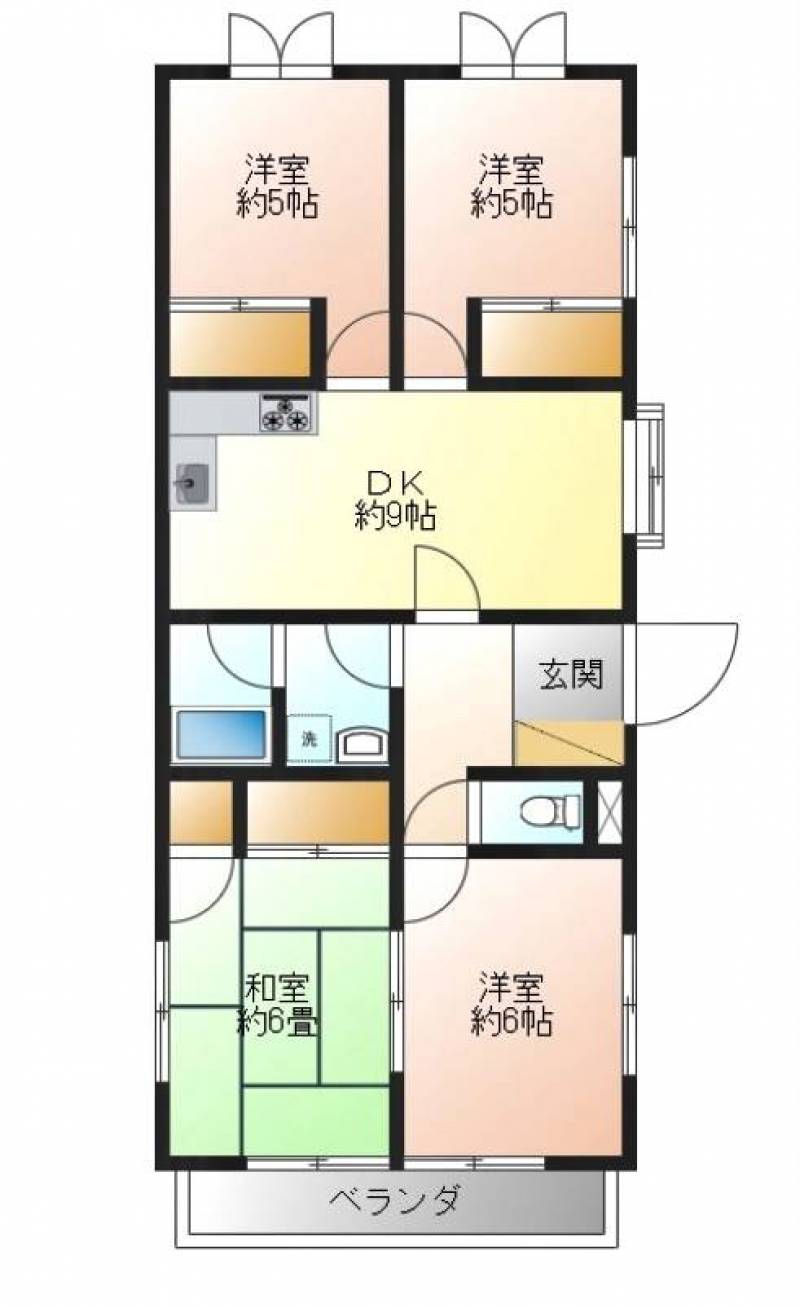 ４DKの間取り。室内に柱がなく、家具の配置もしやすいです