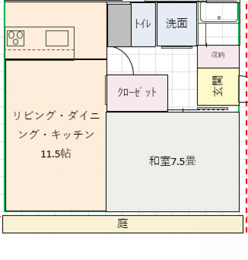 1LDK、角部屋、ミニ庭付き
