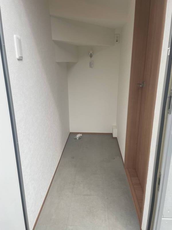 とても広い玄関。奥に洗濯機置き場。リビングへの扉も素敵。