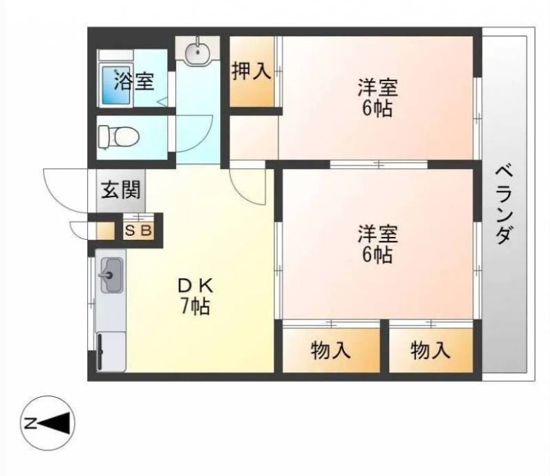 2DK、すべて洋室。１人でゆったりと、2人でシェアも快適。