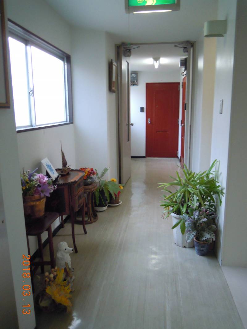 中庭に面した部屋の窓のフラワーボックス