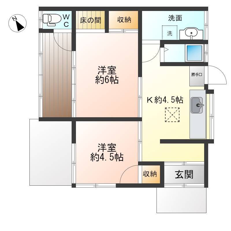 一部屋を洗面、洗濯機置場に変更。2DKの間取りになります