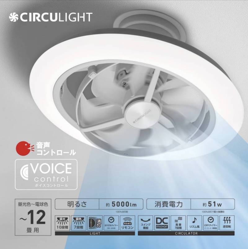 天井にドウシシャ最新サーキュライト。音声操作。空気循環良好