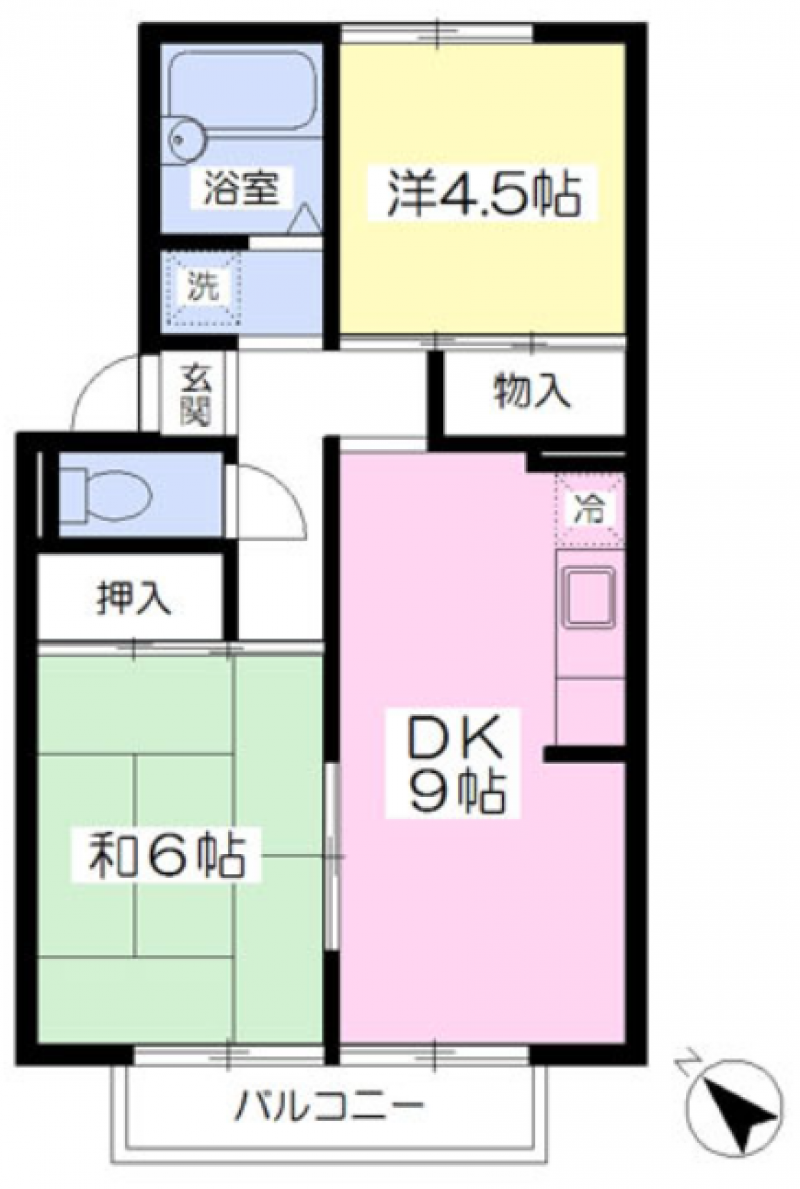 南向き、２DK、４６㎡です。
