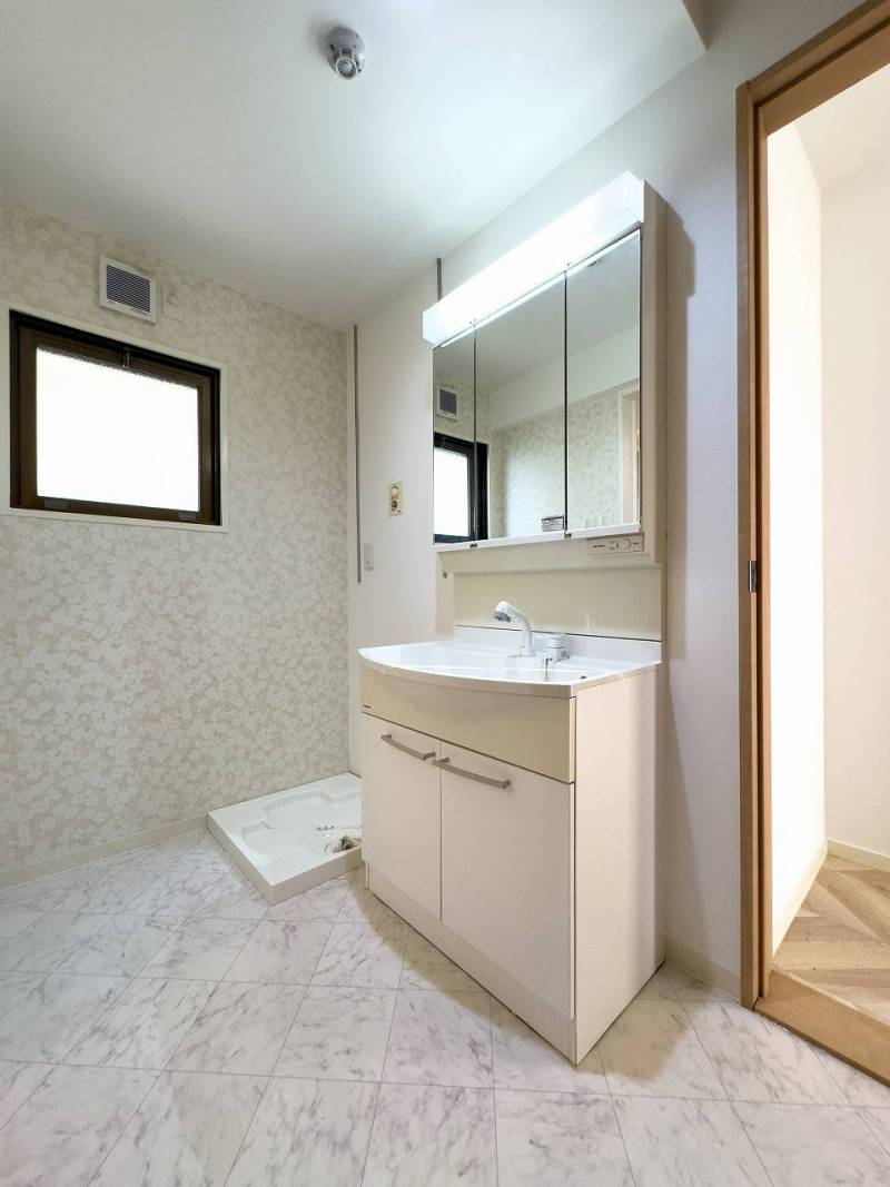 三面鏡と収納で朝の準備もスムーズ・ドラム式洗濯機設置可